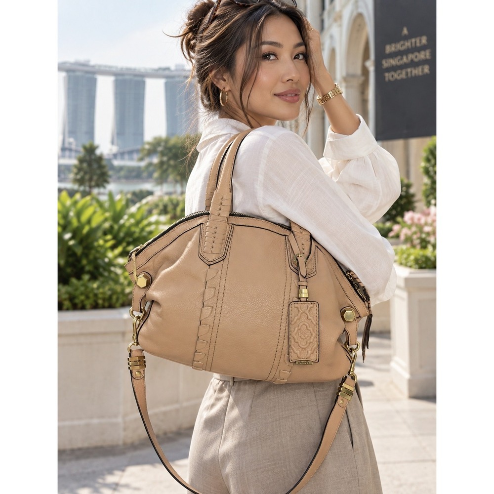 Oryany Tan Leather Whipstitch Satchel Crossbody Handbag Gold Hardware